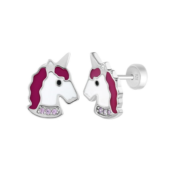 925 Sterling Silver Crystal White Light Purple Unicorn Kids Girls Stud Earrings 